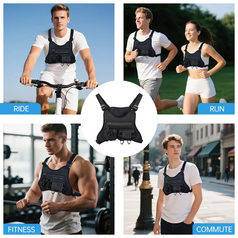 A man wearing a black Oxford cloth chest bag vest with adjustable straps, suitable for riding and outdoor sports.