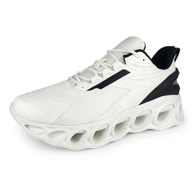 Men's casual mesh sports shoes in black, white, or dark blue with lace-up closure and round toe