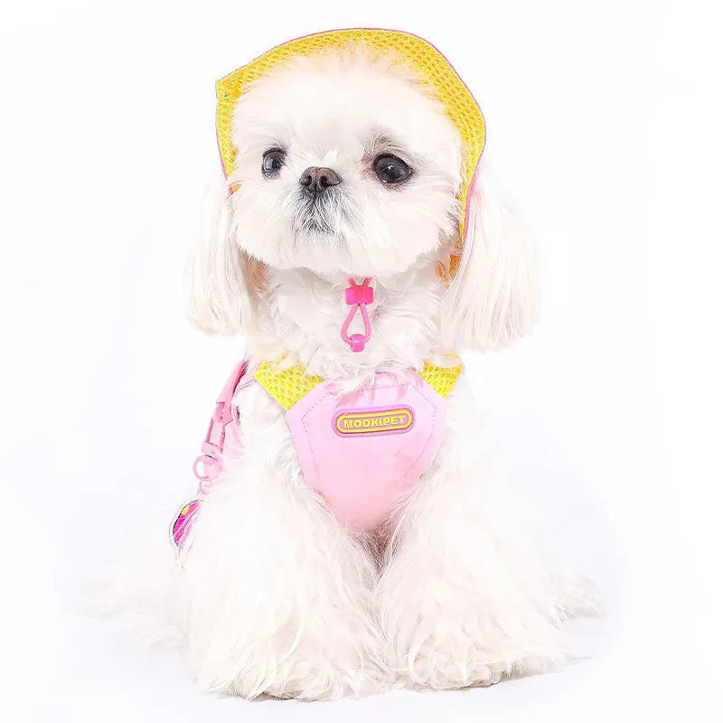 Pink polyester vest harness for small breed dogs on Bichon Frise or Teddy dog