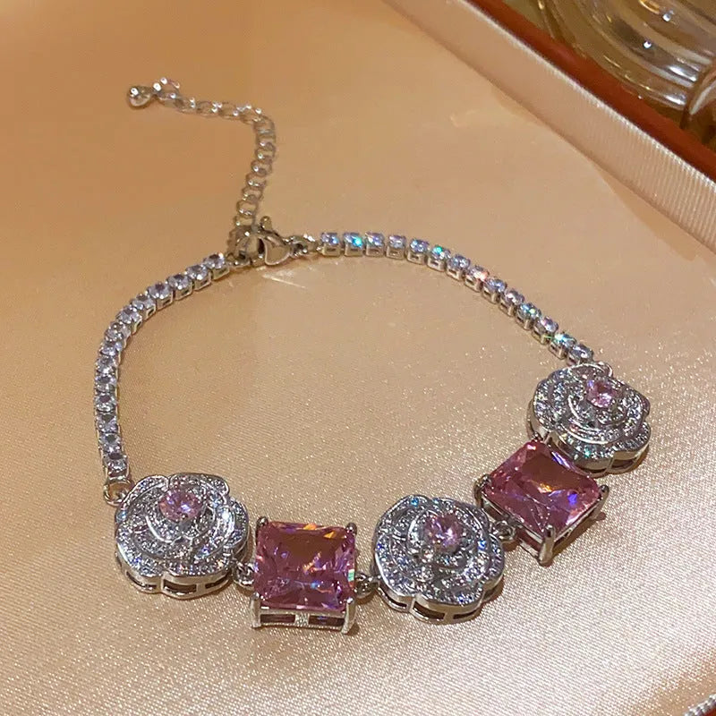 French flower square zircon necklace in silver pink with inlaid zircon pendant on 41-50cm clavicle chain.