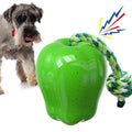 Green apple-shaped plastic dog chew toy with hollow treat-dispensing design