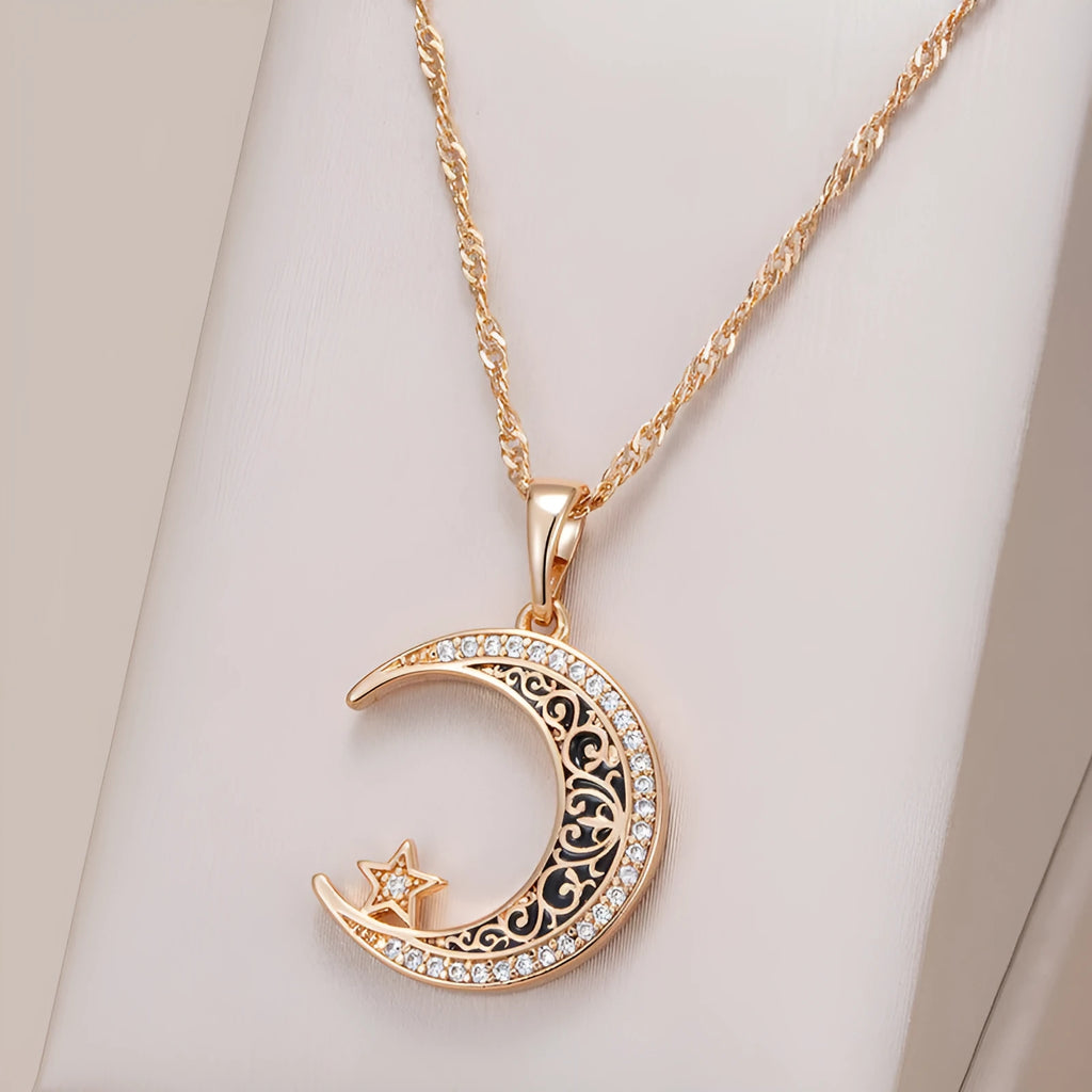 Rose gold star moon necklace with zircon pendant on adjustable water wave chain showing celestial design
