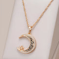 Rose gold star moon necklace with zircon pendant on adjustable water wave chain showing celestial design