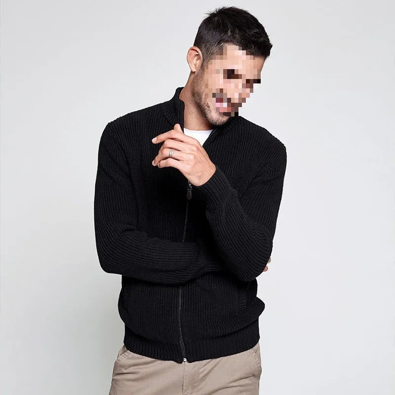 Men's half-high collar cardigan sweater slim jacket in black spandex vinylon with batwing sleeves