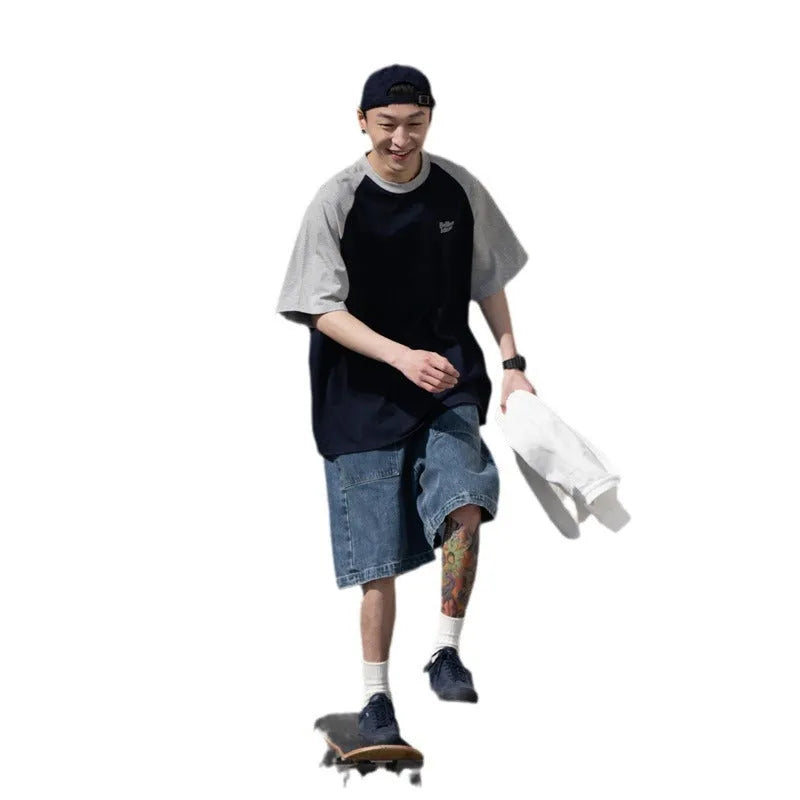 Men's casual blue raglan sleeve t-shirt with Japanese junior style pattern design loose fit