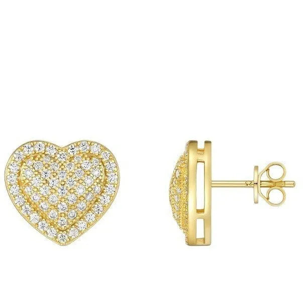 Golden heart-shaped moissanite stud earrings on a 925 sterling silver post.