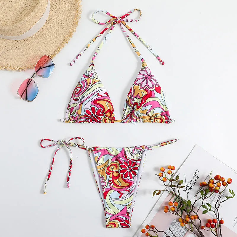 Women's triangle printed bikini with separate top and bottom system featuring hanging neck design