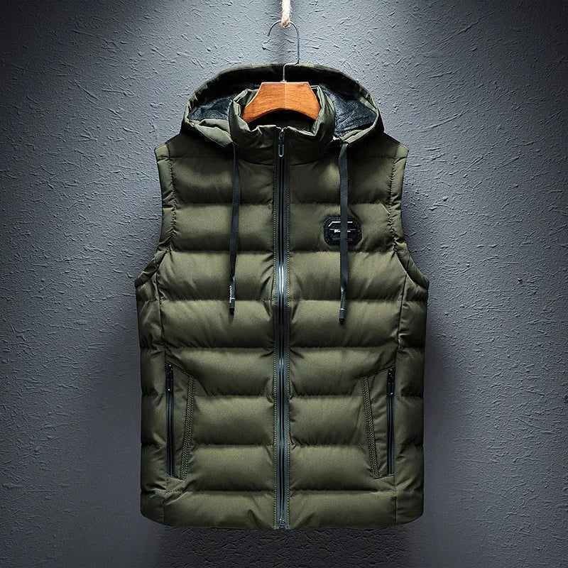 Men's slim waistcoat cotton-padded jacket with zipped pockets, straight hem and cardigan front, shown in solid colour