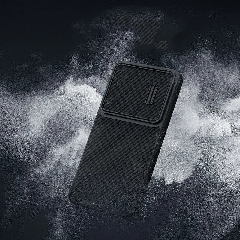 Black Samsung S23 Ultra phone case with a flip-up lens cover protecting the rear cameras.