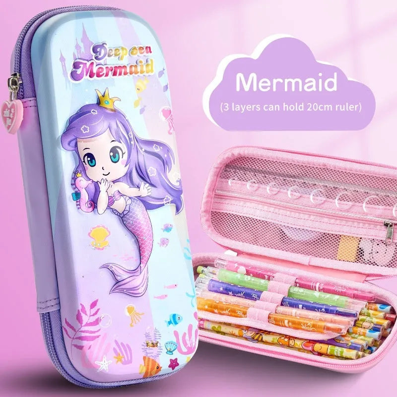 3D leather pencil case showing multiple design options including space, fantasy and animal themes