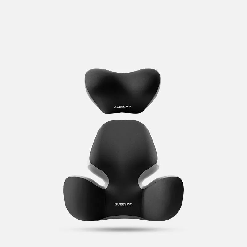 Black grey memory foam automotive lumbar support pillow and headrest on a car seat.