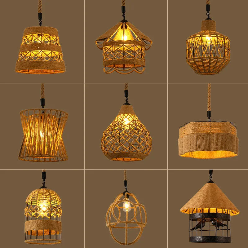 Hemp rope retro industrial chandelier ceiling light with natural rope texture over metal frame