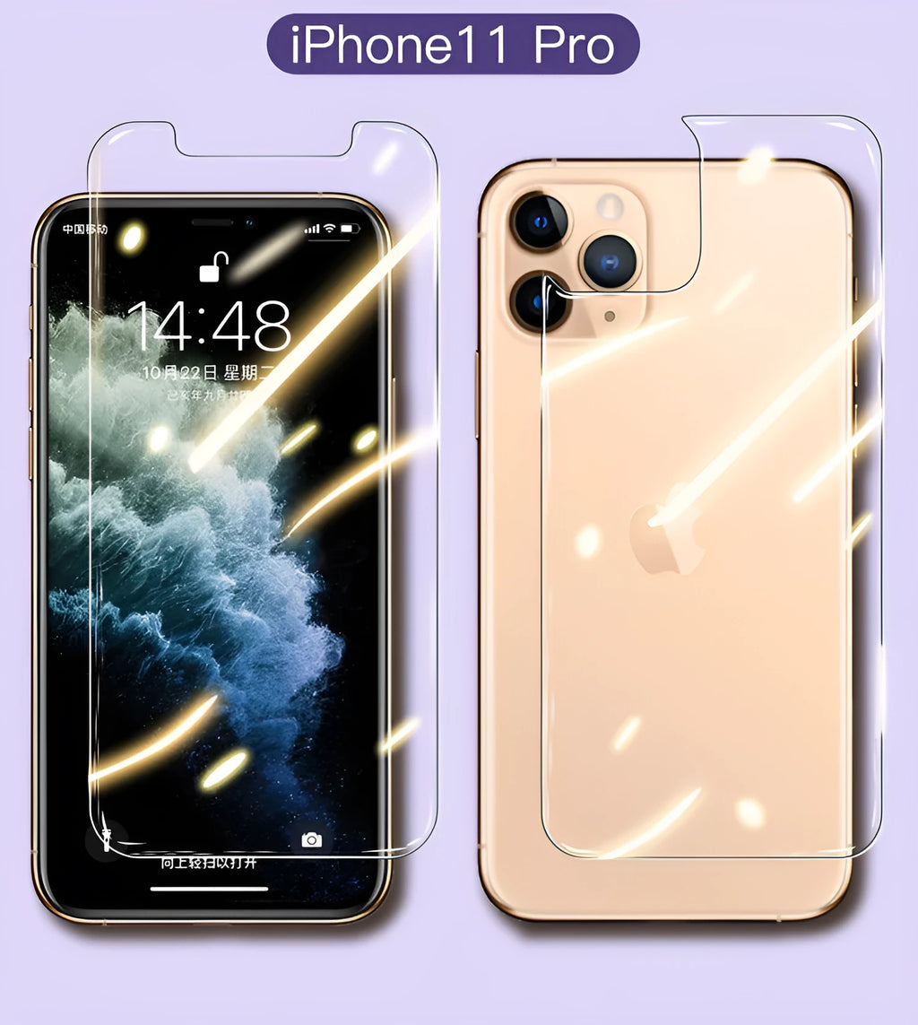 Tempered glass screen protector for Apple iPhone showing front and rear film options.