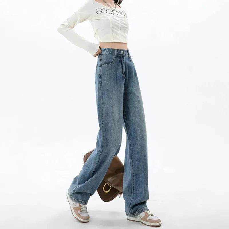 Retro blue women's wide leg jeans with high waist design on hanger