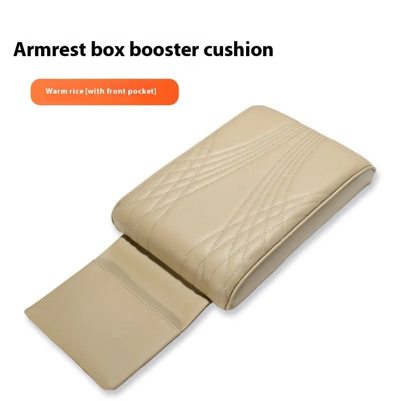 PU leather car armrest cover with heightening insole, black stripes, with pocket, on vehicle seat