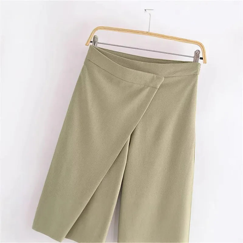 Women's cotton-linen casual trousers in army green, straight leg with mid-waist design
