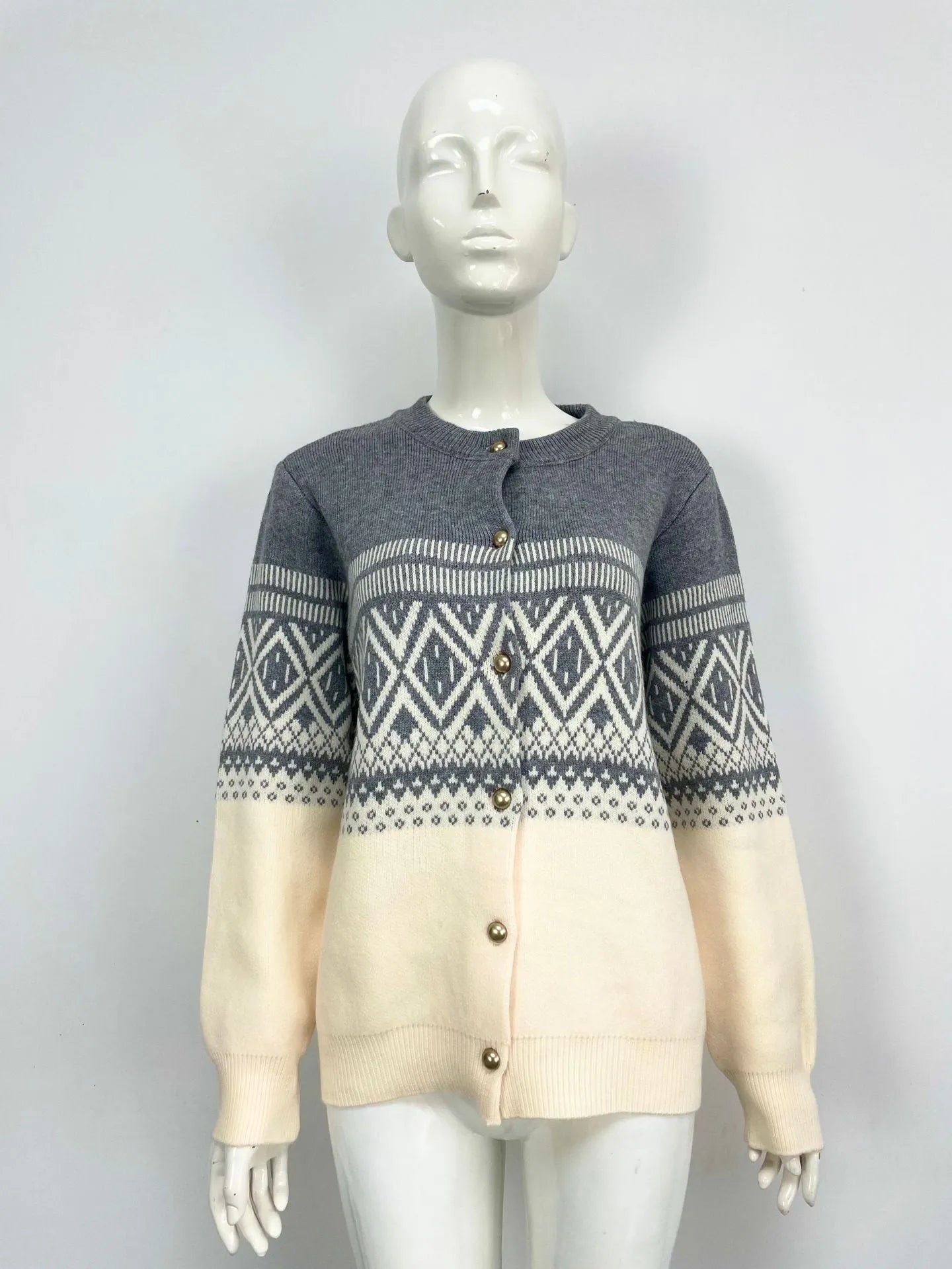 Women's red alpaca fleece cardigan with grey diamond pattern and long sleeves