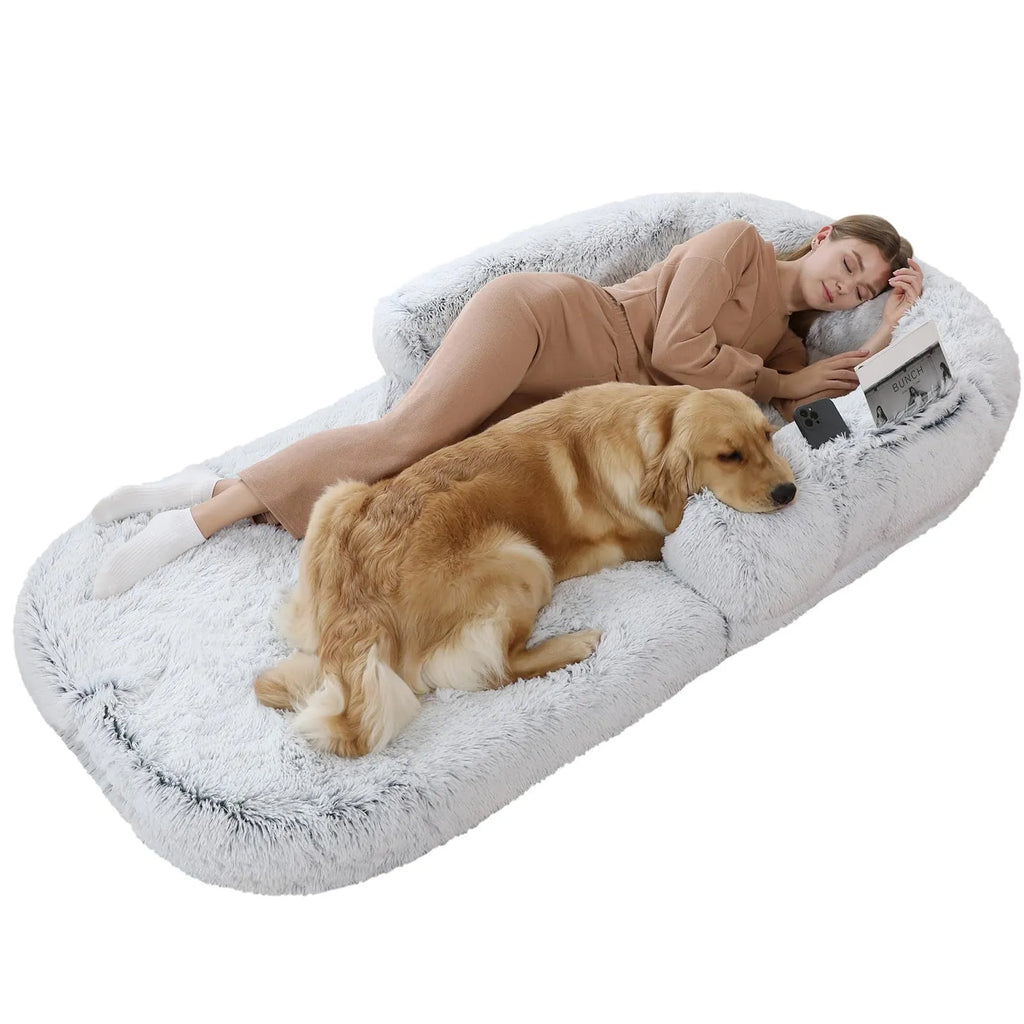 Foldable dog sofa bed kennel 180x115x25cm in long hair light grey or dark grey cloth with removable washable cover.