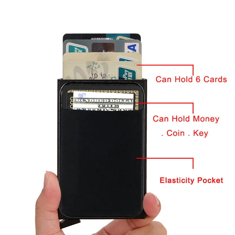 Frosted metal credit card holder in aluminium alloy showing eight colour options