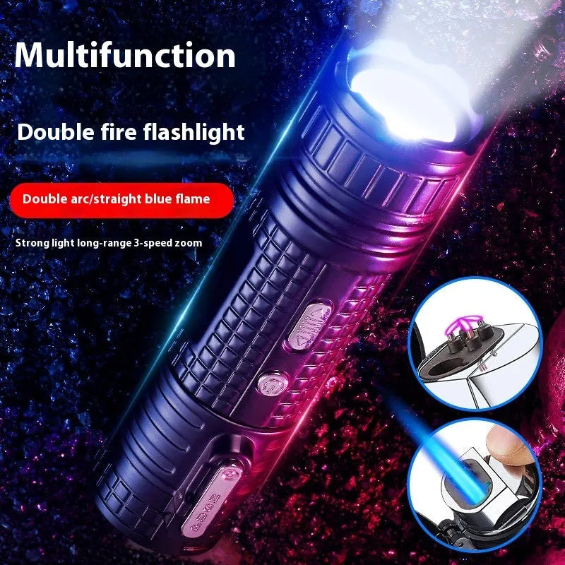 TH727 multi-function metal flashlight lighter in camouflage, red, black, blue, and yellow colours