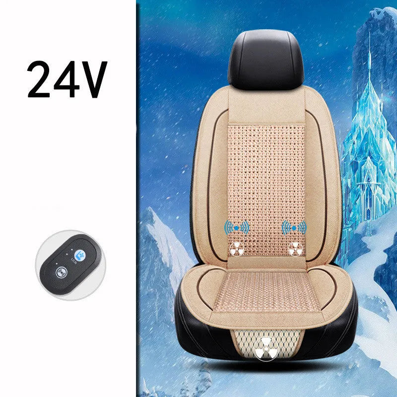 Square black car seat cushion with ventilation and massage functions on a car seat.