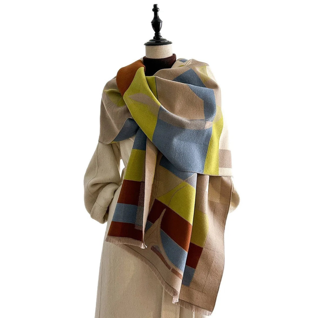 Long 185x65cm polyester autumn scarf in European style draped showing colour options