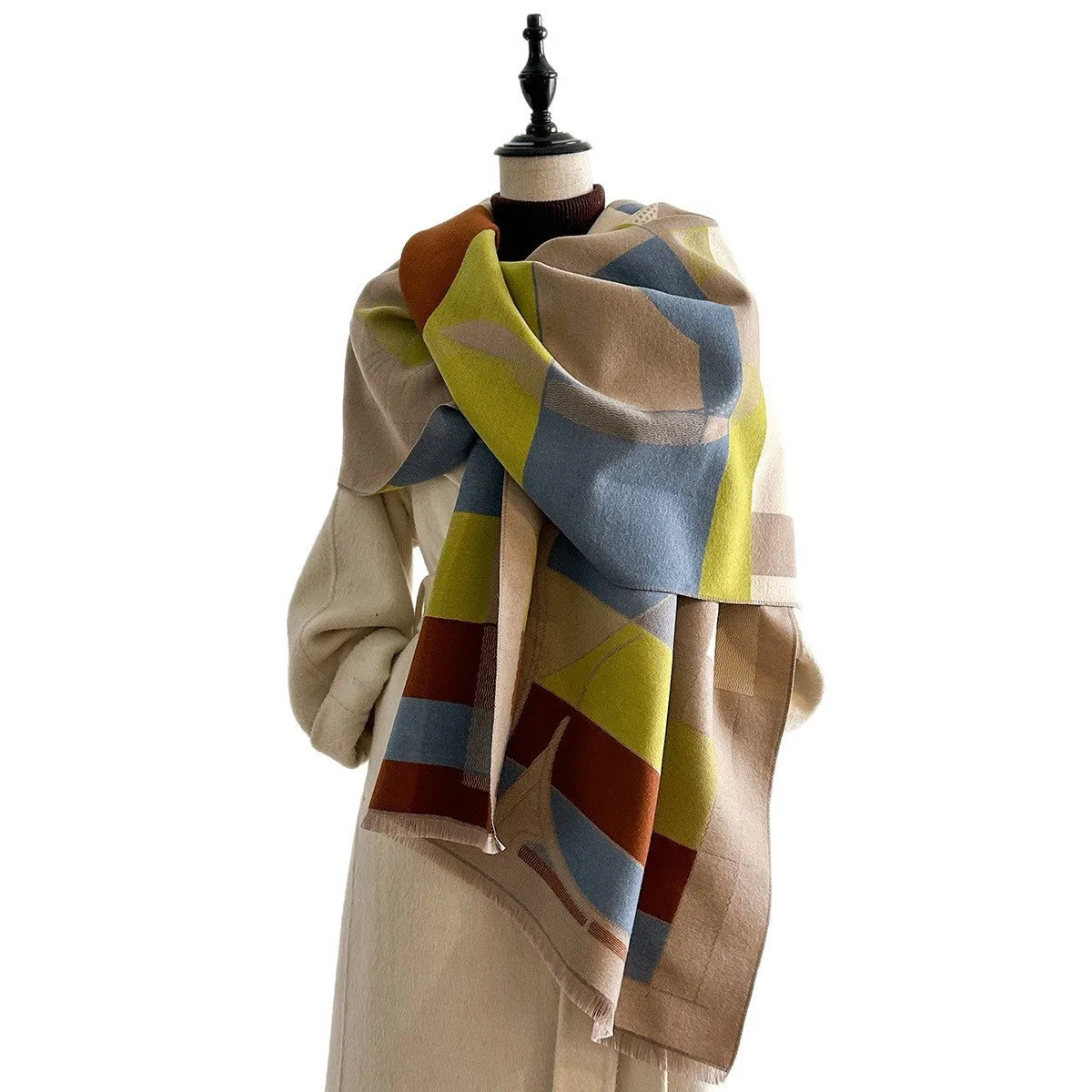 Long 185x65cm polyester autumn scarf in European style draped showing colour options