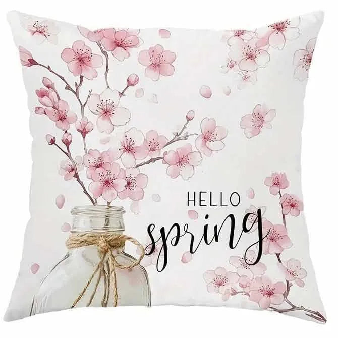45cm square short velvet cushion cover with detailed cherry blossom and script letter floral print design.