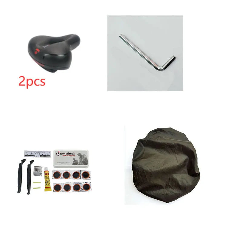 Bicycle saddle cushion with silicone padding and waterproof cover alongside wrench and patch kit