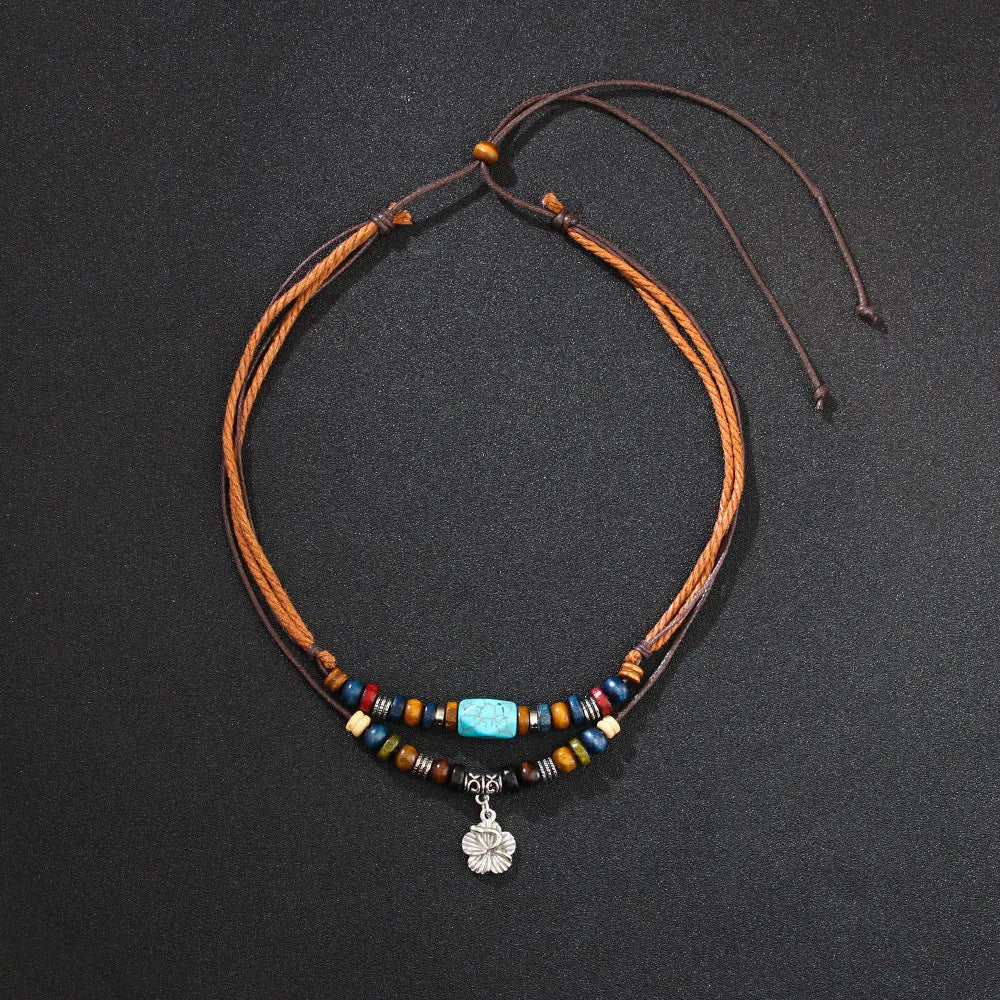 Wooden bead necklace with turquoise alloy pendant, wax rope chain, geometric flower design, QNN1108