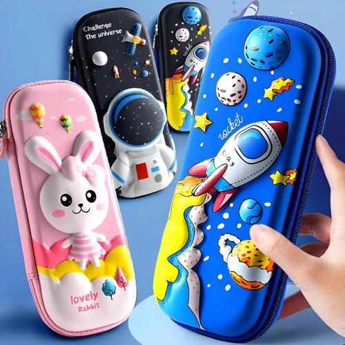 3D leather pencil case showing multiple design options including space, fantasy and animal themes