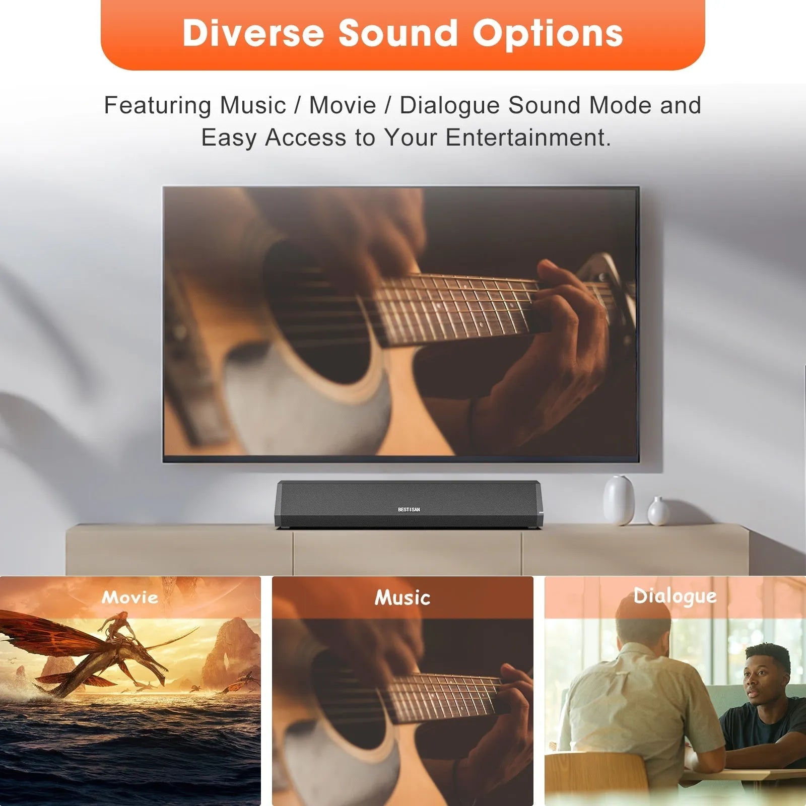 Black small wholesale echo wall soundbar bar TV speaker with 40W power and HDMI inputs, dimensions 420mm x 109mm x 72mm