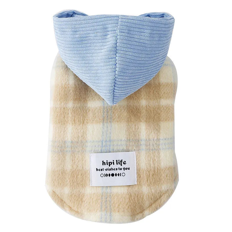 Blue corduroy dog vest with chessboard grid pattern and hood, sized for medium dogs