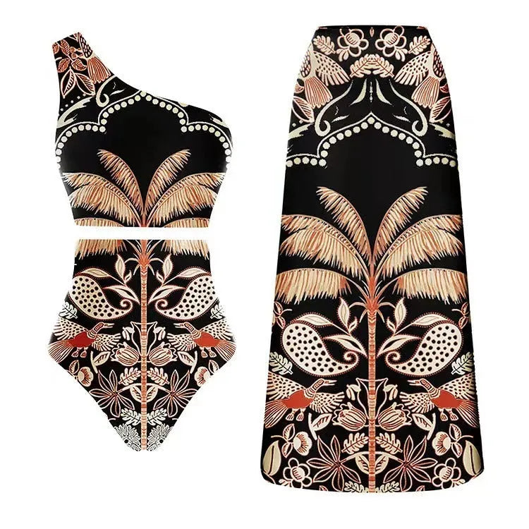 Women's black one-piece polyester swimsuit with fashion design for beach wear