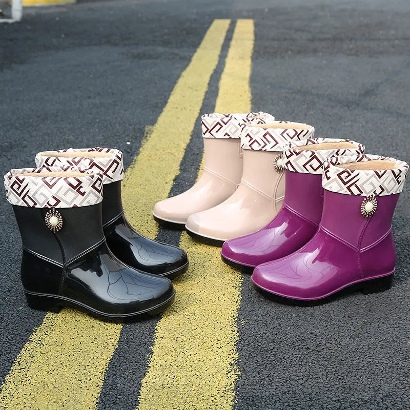 Women's mid-calf rain boot in beige colour with a non-slip sole