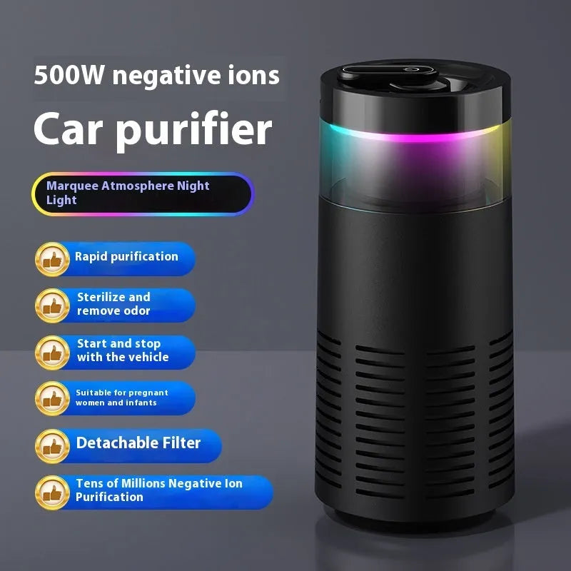 Compact black plastic car air purifier with negative ion function and USB power for small spaces