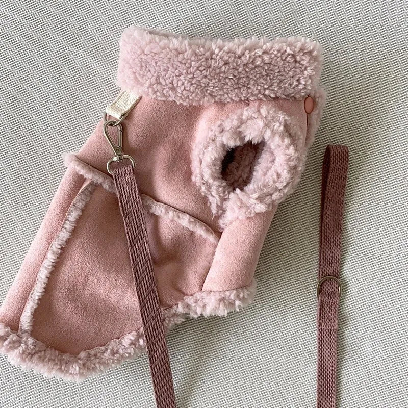 Pet traction warm vest for autumn and winter in brown, pink, and white, with back lengths from 20cm to 40cm for small to medium dogs