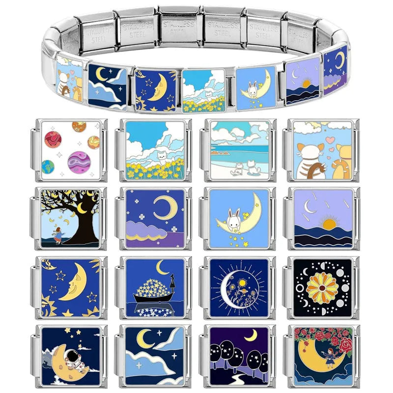 Stainless steel square link charm 1x0.9cm with Totem pattern, dripping oil finish and moon or planet colour option