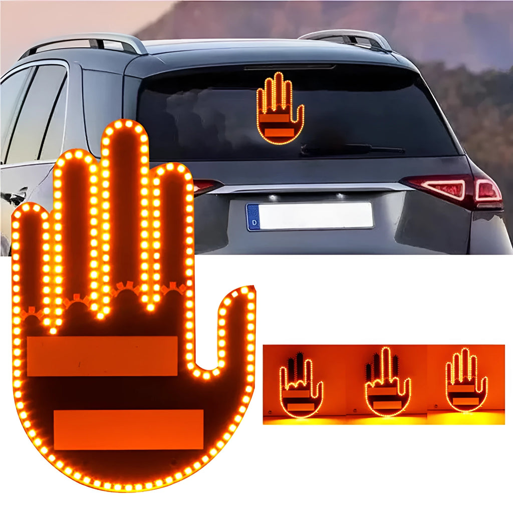 Black plastic LED car gesture light showing middle finger gesture with remote control