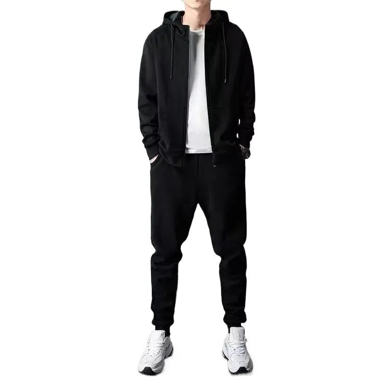 Men's loose zip-up hoodie sweater set in cotton available in black and gray