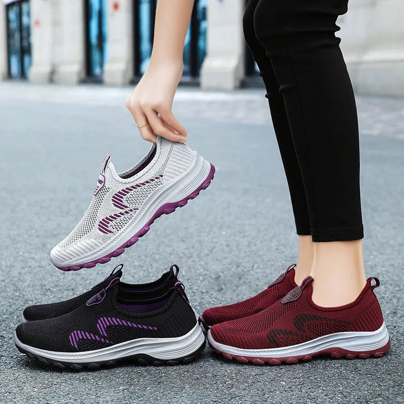 Women's casual sports shoes with mesh upper, round toe, flat heel, available in black, grey, purplish red, taro purple, sizes 36-41