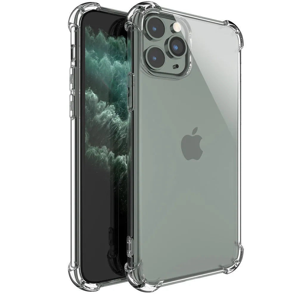 Clear transparent shockproof TPU phone case for Apple iPhone models on a white background.