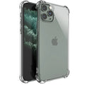 Clear transparent shockproof TPU phone case for Apple iPhone models on a white background.