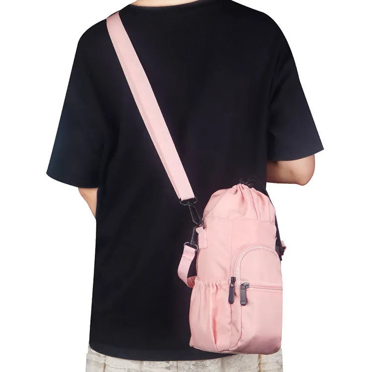 Cloth water bottle shoulder bag crossbody pouch in black, green, or pink.