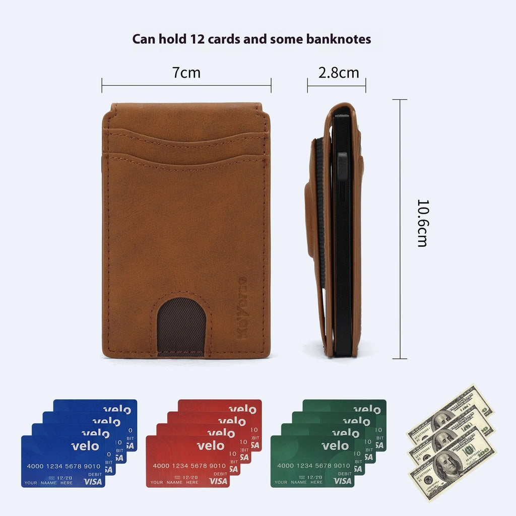 Men's synthetic leather card holder wallet with RFID blocking in light brown, dark brown, and black colours