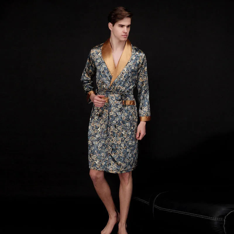 Men's long ice silk nightgown in coffee or navy blue, ultra-thin polyester summer sleepwear