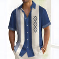 Man wearing a printed loose-fit cardigan-style polyester leisure shirt in a casual setting.