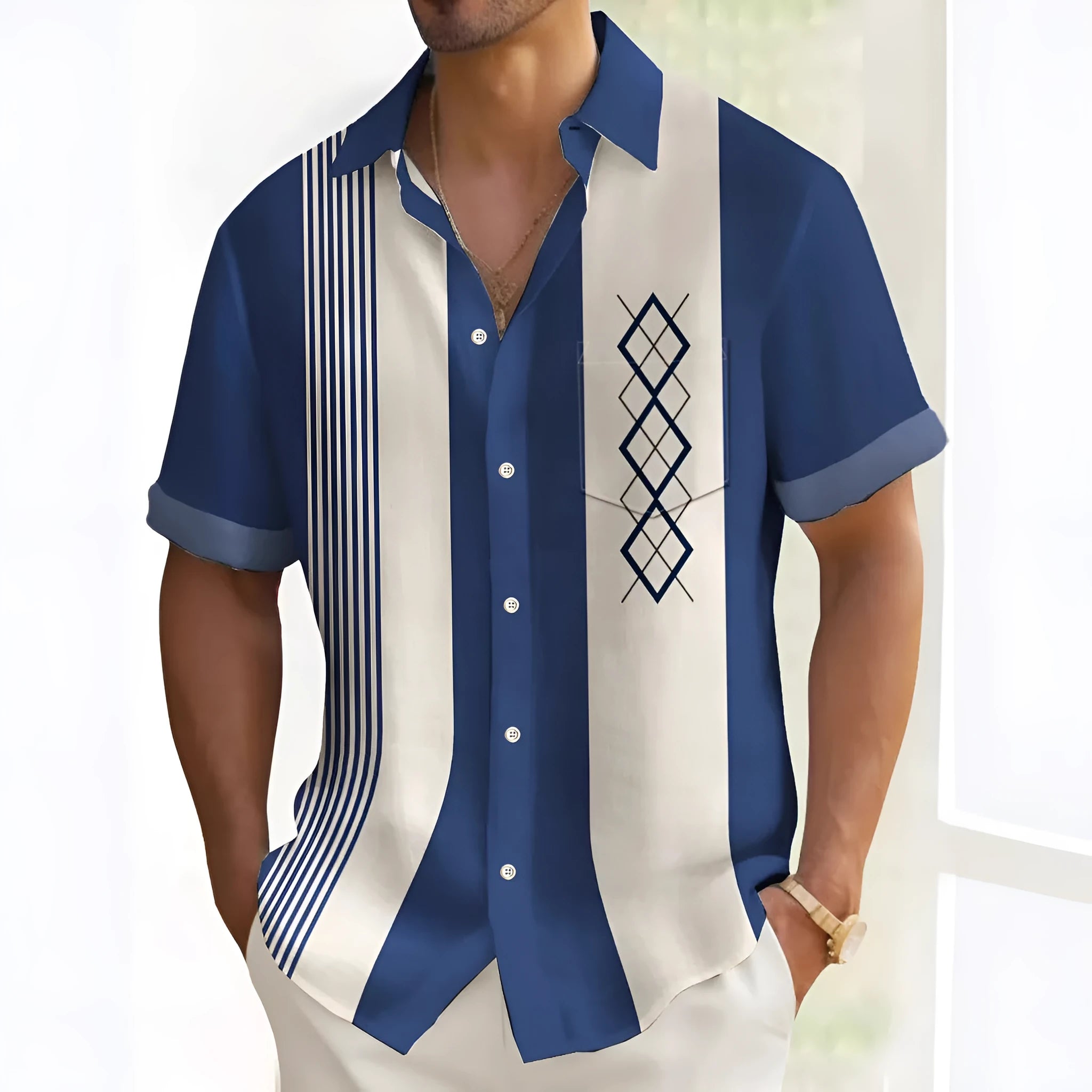 Man wearing a printed loose-fit cardigan-style polyester leisure shirt in a casual setting.