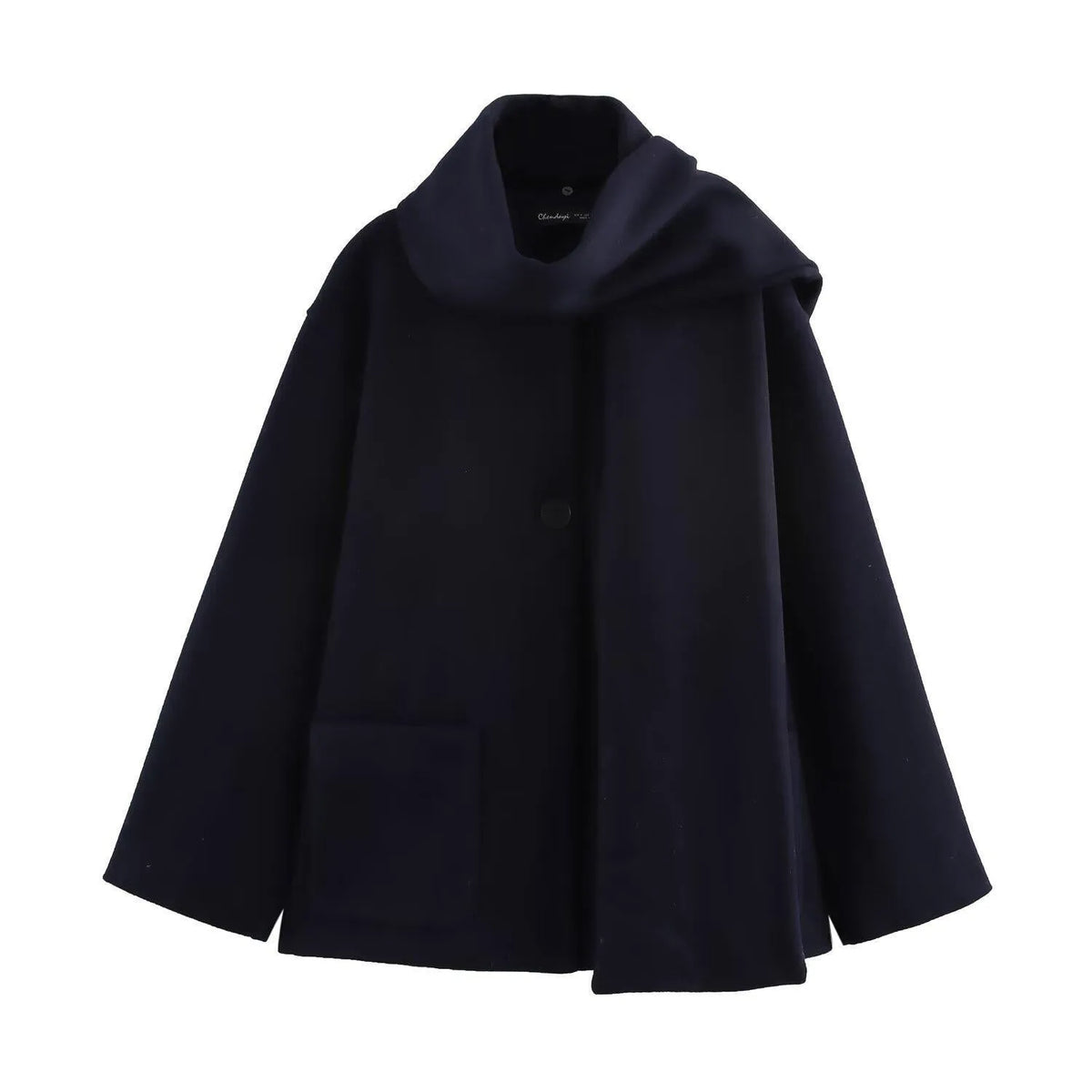 Women's long grey coat with an artificial fur collar, shown with pockets and a street fashion style.