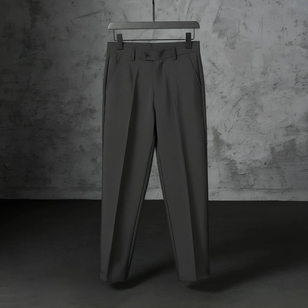 Men's straight loose trousers in light gray brushed polyester, front view showing straight cut and elastic waist